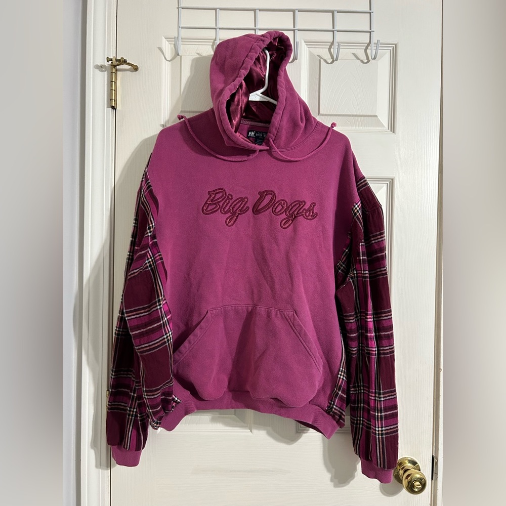 Upcycled Reworked Sweatshirt Hoodie Flannel Big Dogs Pink Maroon Women’s Sz XL
